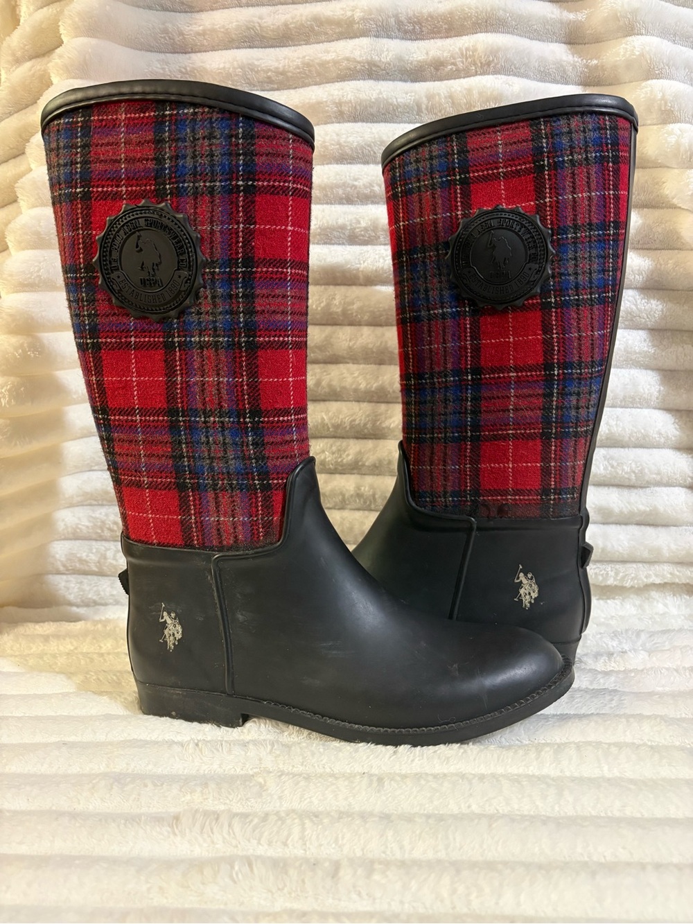 U.S. Polo Assn. Red Plaid & Black Women's Rain Boots 10M